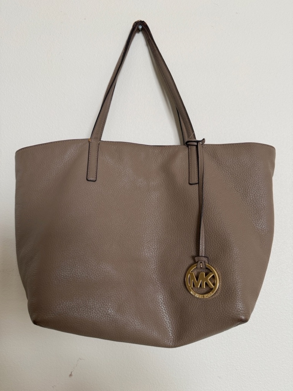 Michael Kors Taupe Pebbled Leather Tote with Gold MK Charm
